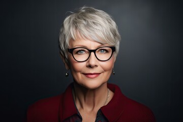 Confident senior woman with glasses, dark background, staring at camera. Photo generative AI