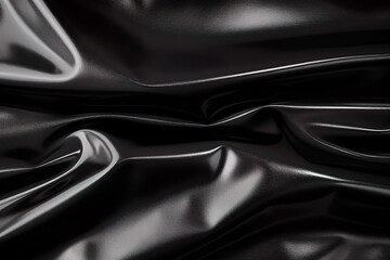A close-up of black leather with intricate folds and a smooth, shiny texture, perfect for fashion or design themes. Textured Close-Up of Smooth Black Leather - 640563885
