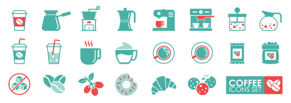 Set of the Coffee icon. Solid icon simple style. Contains such Icons as Coffee Maker Machine, Beans, and more.