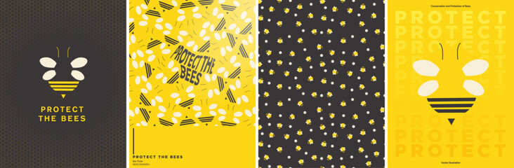 Protect The Bees Concept Poster Templates. Modern and cute bee silhouette and bee with floral patterns on yellow and dark backgrounds. Editable Vector Illustration.
