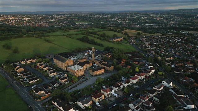 Establishing Drone Shot Over Calverley Village and Old Mill on Overcast Day