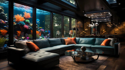 Obraz na płótnie Canvas living room featuring a large aquarium wall