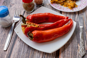Traditional Turkish food; Stuffed Red Pepper (Turkish name; stuffed pepper)