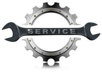 Metal gear (cogwheel) and stainless steel wrench with text service, isolated on white or transparent background with copy space and reflection. 3D illustration and photography. Png.