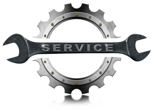 Metal gear (cogwheel) and stainless steel wrench with text service, isolated on white or transparent background with copy space and reflection. 3D illustration and photography. Png. - Powered by Adobe