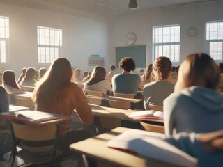 Back of students sitting in classroom