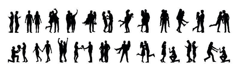 Romantic couple portrait with different poses vector silhouette set collection.