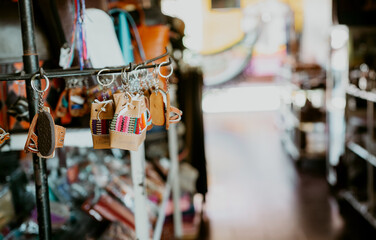 Close up of handmade keychains in the Masaya handicraft market. Keychains and souvenirs in the Masaya handicraft market