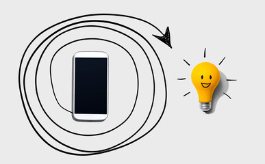Creativity, inspiration, idea concept with light bulb and smartphone - Flat lay