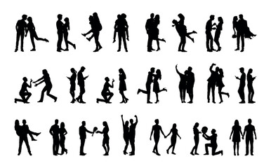 Couple with various romantic poses vector silhouette set collection.