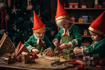 Energetic elves in Santa's bustling workshop, meticulously assembling an array of colorful toys destined for children worldwide