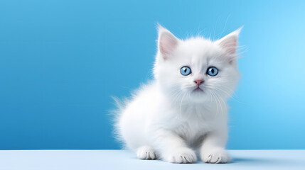 Fototapeta na wymiar Cute white kitten on a blue background