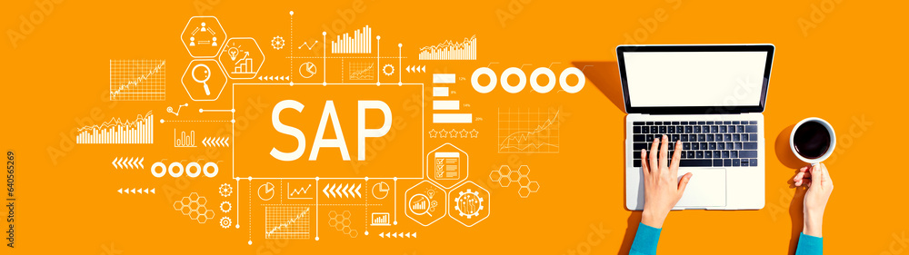 Poster sap - business process automation software theme with person using a laptop computer