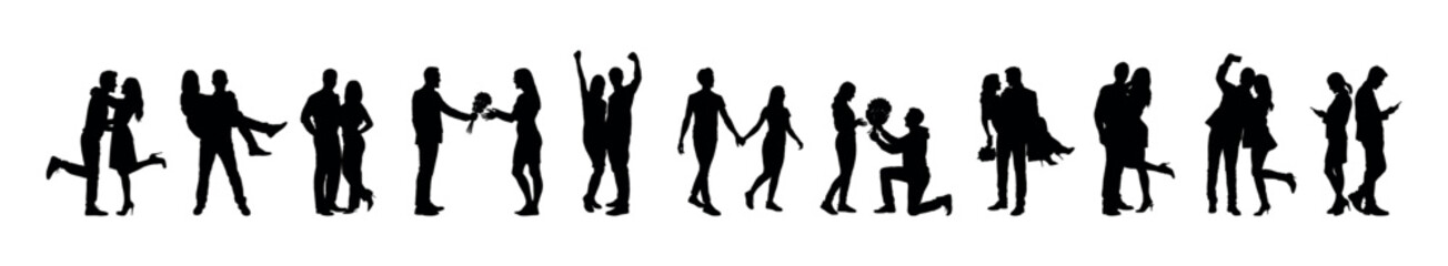 Romantic couple with various poses vector silhouette set. Silhouettes set of romantic couple portrait with different poses collection.