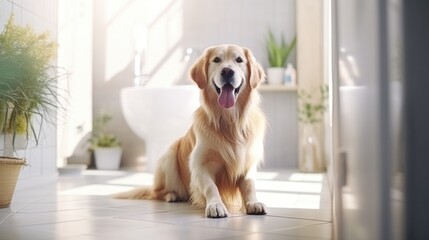 Golden retriever sitting on the bathroom floor, Scandinavian bathroom in the background.