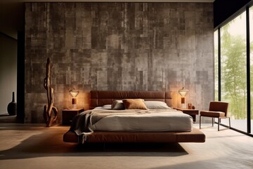 Luxury Bedroom Highlighting Natural Elements, Warm Hardwood Floors, Wood Walls, and Light Beige Palette.
