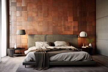Luxury Bedroom Highlighting Natural Elements, Warm Hardwood Floors, Wood Walls, and Light Beige Palette.