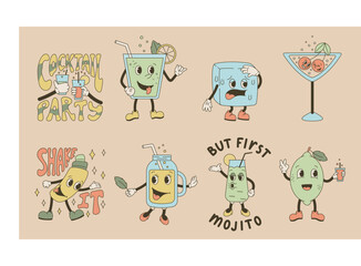 Funny groovy characters, glasses with alcoholic cocktail, mojito, juice, lemonade. Set of vector old cartoon retro illustrations.