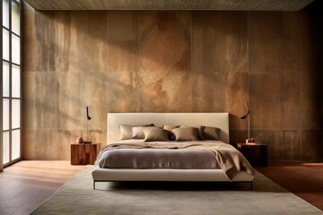 Spacious Bedroom Infused with Luxurious Amenities, Featuring Warm Hardwood Floors, Wood Walls, and Light Beige Palette.