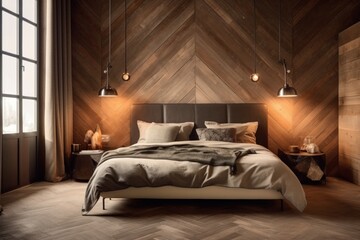 Spacious Bedroom Infused with Luxurious Amenities, Featuring Warm Hardwood Floors, Wood Walls, and Light Beige Palette.