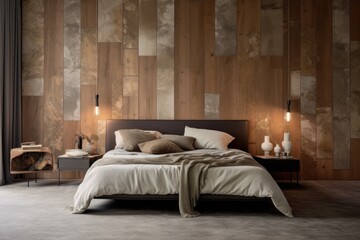 Generous Bedroom designer, Combining Chic Elegance, Inviting Hardwood Floors, Wood Walls, and Soft Beige Tones.