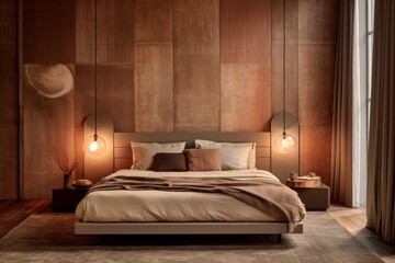 Generous Bedroom designer, Combining Chic Elegance, Inviting Hardwood Floors, Wood Walls, and Soft Beige Tones.