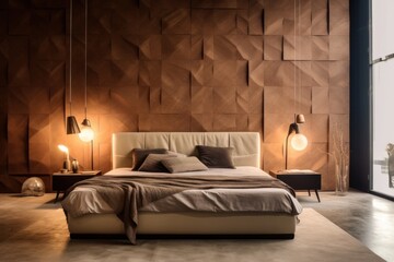 Panoramic Bedroom Sanctuary Featuring a Natural Harmony of Warm Hardwood Floors, Wood Walls, and Light Beige Palette. 3d render generative ai.