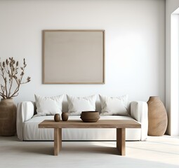 Entspanntes Wohnzimmer: Sofa und Holztisch vor weißer Wand