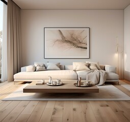 Fototapeta na wymiar Wohnzimmer mit skandinavischem Flair: Weiß und Holz