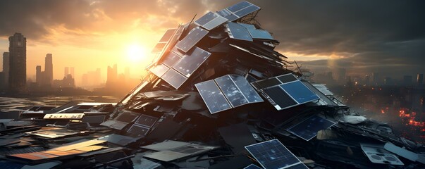 Nachhaltigkeitsproblem: Solarpanels auf Müllhalde im Abendlicht