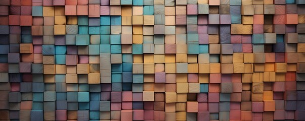 Kreative Holzwürfel-Wand: Farbenfrohe Raumgestaltung - obrazy, fototapety, plakaty