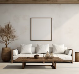 Wohnzimmergestaltung mit weißer Wand: Sofa und Holztisch