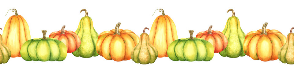 Orange and green pumpkins. Watercolor seamless border. Autumn background. Isoleted. Seasonal fall banner design for greeting, packaging or promotion.