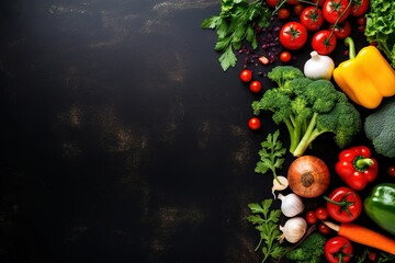 Fresh healthy vegetables arranged flat on a dark background