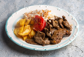 Traditional Turkish Liver kebab cuisine. Leaf Liver spicy. Delicious turkish ciger. (Turkish name; yaprak ciger)