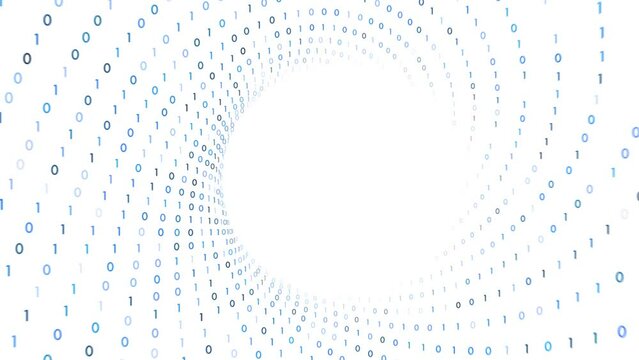 Loop binary numbers tunnel white background. Concept digital technology animation.