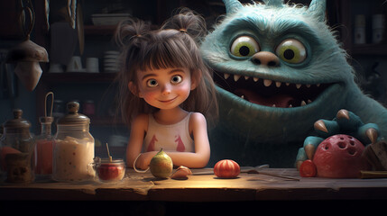 a cute little girl is having fun in the kitchen with a friendly monster in her back