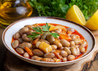 Traditional delicious Turkish food; Kidney beans with olive oil, Red kidney bean stew, Turkish name; Barbunya pilaki