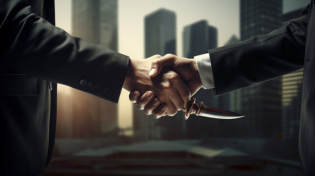 business people shaking hands, one hand however is holding a knife - might be a symbol of missing trust or betrayal
