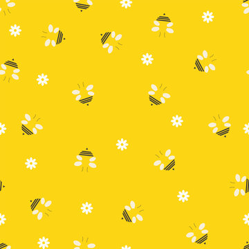 Cute Bees and White Flower Seamless Pattern on yellow background. Perfect for backdrops, wallpapers, gift wraps, print, scrapbooks. Vector Illustration. EPS 10.
