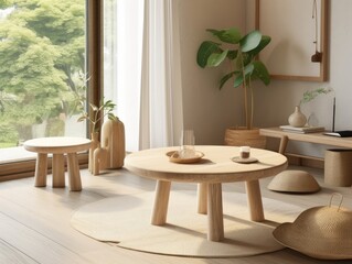 Yellow Japanese style living room with wooden decoration. Generative AI