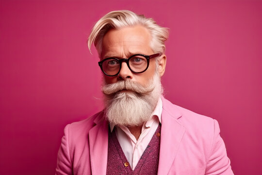 Studio shot of handsome senior man hipster dressed in stylish coat and sunglasses. Isolated on pink background