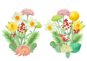 水彩絵の具で描いたお正月の花背景