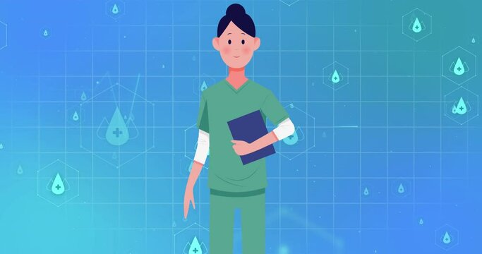 Animation of medical icons and female nurse on blue background