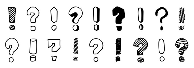 Exclamation and question marks. Outline punctuation marks for doodle brush style, hand drawn punctuation symbols. Vector isolated collection. Punctuation scribble characters doodle set
