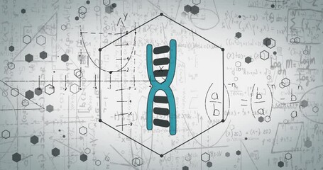 Animation of mathematical equations and dna strand on white background - Powered by Adobe