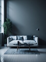 A minimalist living room setup with a comfortable couch, coffee table. AI Generated