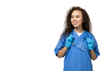 A girl in a blue nurse's uniform, isolated on white background