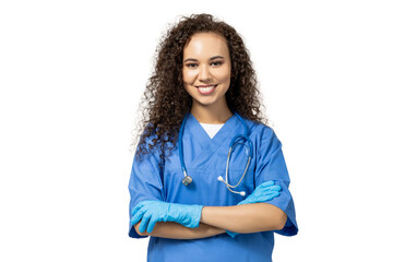 A girl in a blue nurse's uniform, isolated on white background