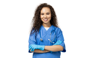A girl in a blue nurse's uniform, isolated on white background